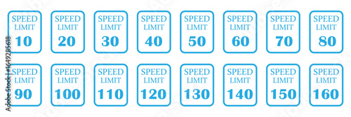 Speed limit 5 to 200km round road traffic icon sign flat style design vector illustration set isolated on white background. Circle standard road sign with number km/h in eps 10.Vector background .