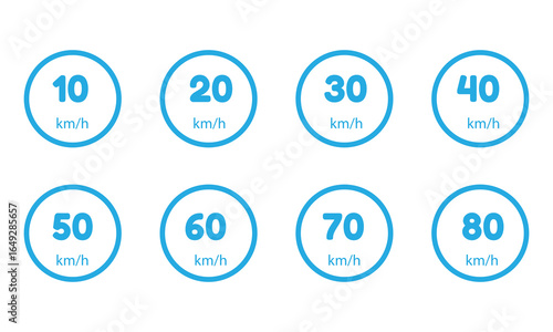 Speed limit 5 to 200km round road traffic icon sign flat style design vector illustration set isolated on white background. Circle standard road sign with number km/h in eps 10.Vector background .