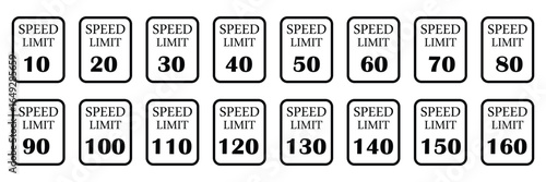 Speed limit 5 to 200km round road traffic icon sign flat style design vector illustration set isolated on white background. Circle standard road sign with number km/h in eps 10.Vector background .