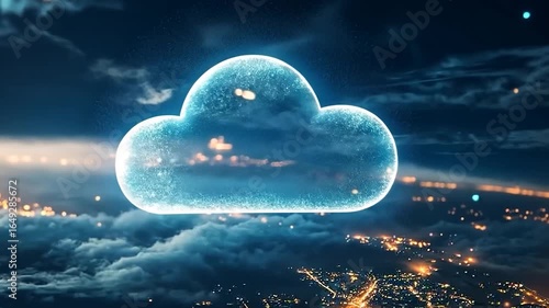 A digital cloud symbolizing data storage and connectivity over a cityscape.
