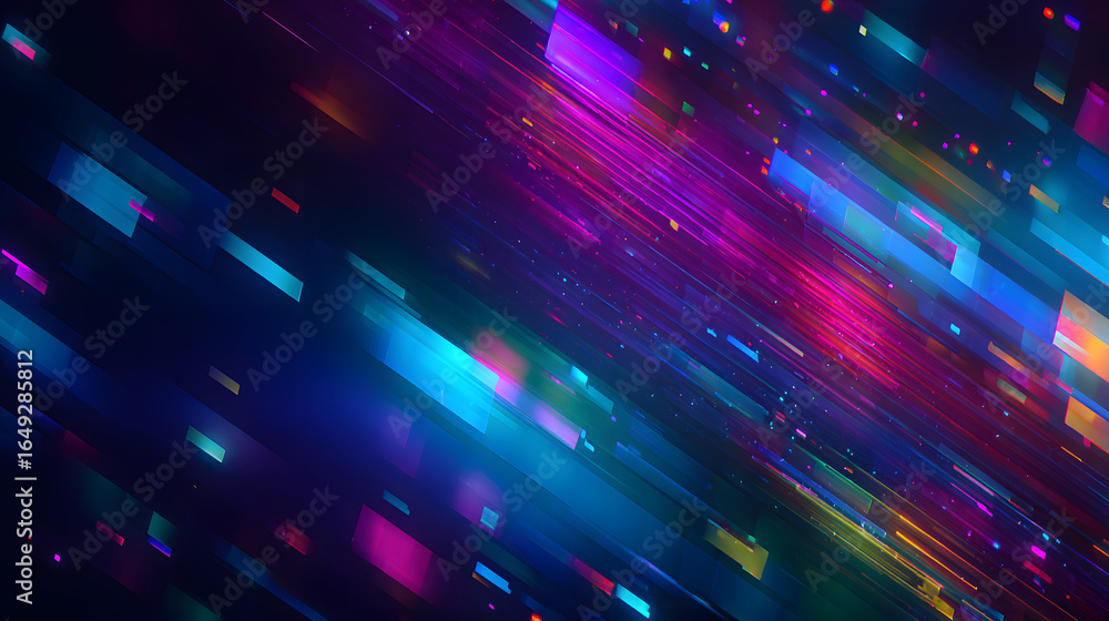 Obraz premium Futuristic digital background with neon trails, glitch effects, and holographic reflections on a dark blue violet gradient
