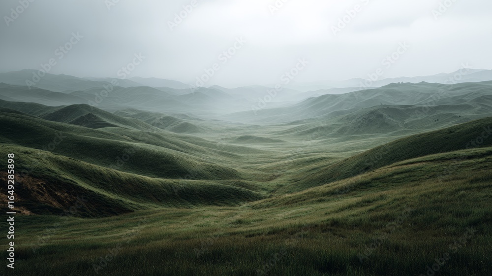 Fototapeta premium Serene Green Hills Under a Foggy Sky