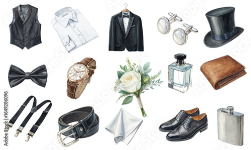Groom's Wedding Accessories Watercolor Clipart Set