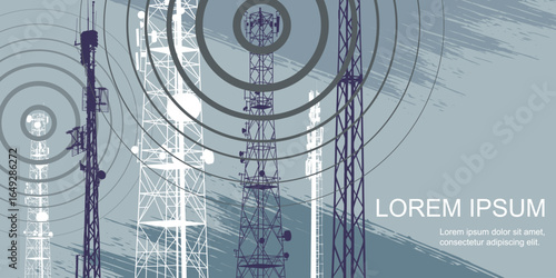 Silhouettes of telecommunication and radio towers emitting waves, concept of telecommunication and broadcasting. Vector illustration