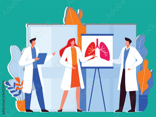 Medical team of doctors analyzing human lung anatomy on a chart. Healthcare professionals in a hospital meeting about pulmonology. Vector illustration.