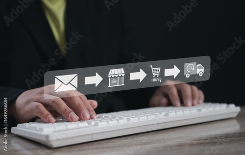 Businessman typing on keyboard with digital e-commerce process icons, representing online shopping, secure payment, fast delivery and internet technology for modern retail transactions.