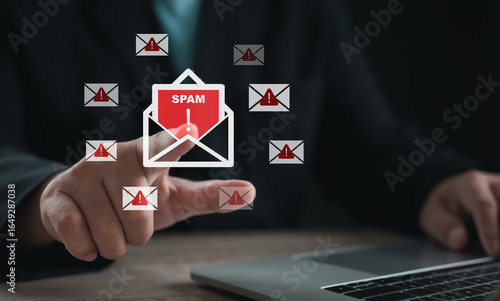Virtual interface showing spam email alert, representing cybersecurity threats, phishing prevention, email filtering, and online safety to protect personal data and business communication.