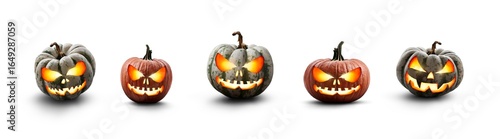 A collection of lit green, white and orange spooky halloween pumpkin, Jack O Lantern with evil face and eyes isolated against a transparent background