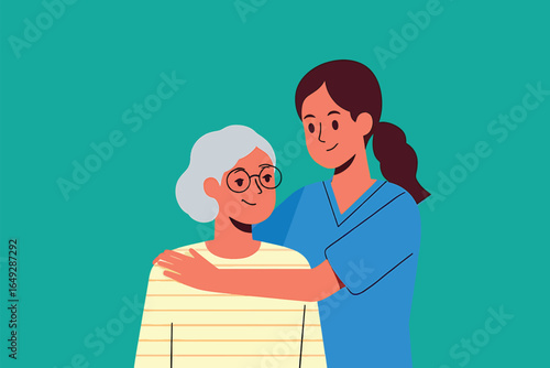Vector illustration of a compassionate caregiver supporting an elderly woman. Concept of nursing home care and senior assistance.