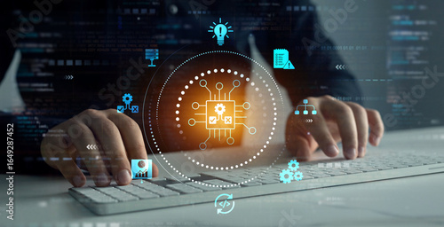 Obraz na płótnie Engineer using laptop for optimization software AI bot with a Comprehensive Guide.Leveraging Artificial Intelligence in Decision Making. 