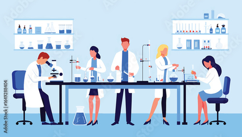 A team of dedicated scientists and researchers meticulously conducting experiments in a modern, fully equipped scientific laboratory. Vector illustration concept.