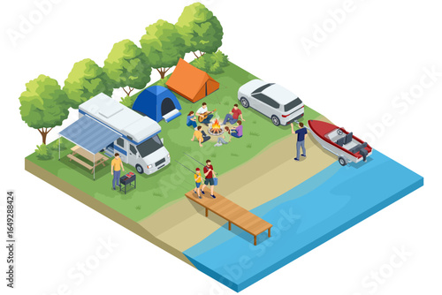 Isometric lakeside camping scene with RV, tents, people fishing, cooking, playing guitar, and boat launching. Lakeside camping with RV, tents, boat, pier, fishing, barbecue, and family activities.