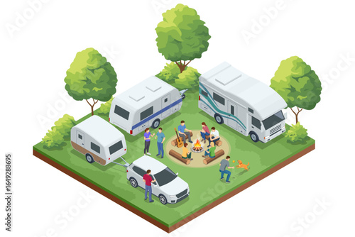 Isometric camping area with multiple RVs and caravans, people relaxing around a campfire, playing guitar, and walking dog. Summer vacation and travel concept