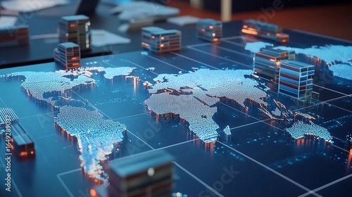 Global Logistics Network Map with Futuristic Transport Containers and Digital Data Streams