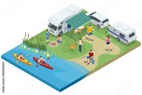 Isometric lakeside camping with RVs, caravans, fishing, kayaking, badminton, and playing with dog. Summer vacation and travel concept