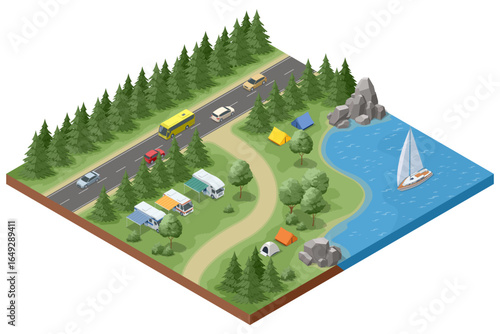 Isometric riverside camping with camper van, tent, campfire, deck chairs, picnic table, and forest background. Forest camping near lake with RVs, tents, sailboat, and road with passing cars.