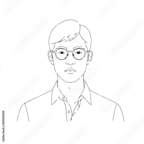 Line art portrait of a young man wearing glasses, serious expression.