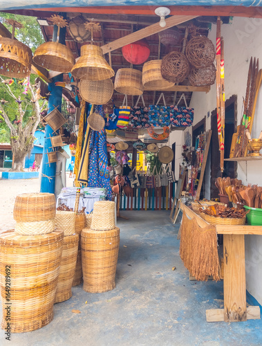 Traditional Brazilian handicraft shop with woven baskets and colorful souvenirs