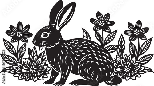 A fun cartoon rabbit with pink ears is standing in the grass with a spring flower