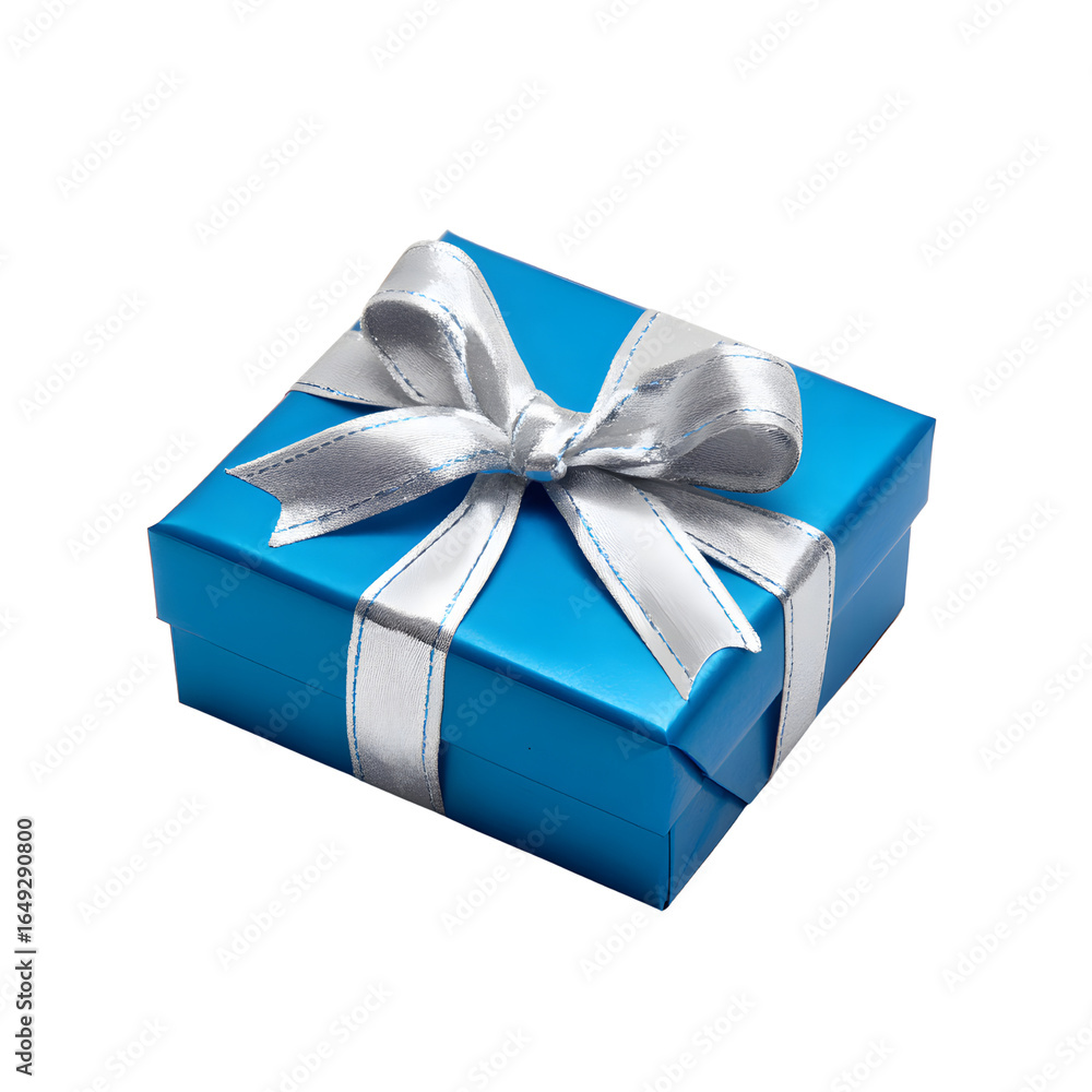 Fototapeta premium Luxurious blue present elegantly wrapped with a silver bow PNG with a transparent background, ideal for upscale gifts and holiday celebrations.