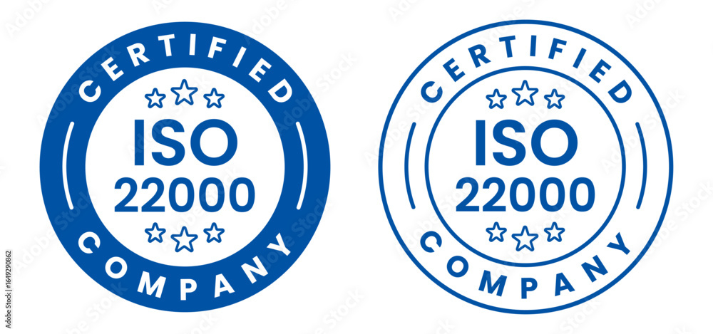 Obraz premium ISO 22000 certified food safety management system label stamp badge, seal emblem icon, quality, assurance, standard compliance, guarantee, approval mark vector illustration