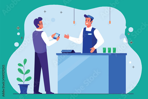 Customer using a smartphone for a contactless mobile payment at a cafe checkout counter with a smiling barista. Flat vector illustration.