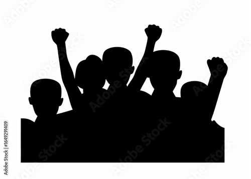 Silhouette illustration of a crowd of people with raised fists in a celebratory or protest gesture