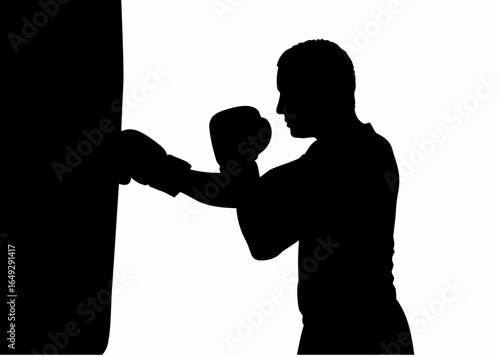 Silhouette of a boxer training with a punching bag in a gym with a white background in a side view pose