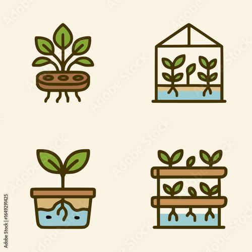 Minimalist plant growth designs showcasing roots submerged in nutrient-rich water, with greenhouse and multi-level hydroponic arrangements