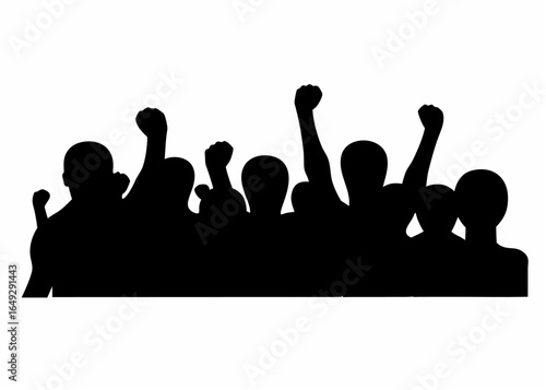 Silhouette of a crowd of people raising their fists in the air in a show of solidarity and protest