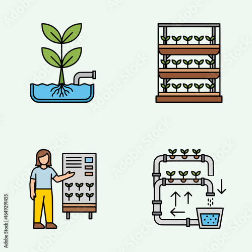 Educational hydroponic agriculture concept art depicting seedling cultivation, nutrient water systems, and innovative vertical farming methods for urban environments