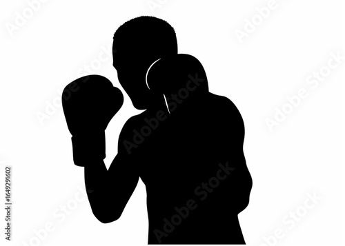 Silhouette of a boxer in a defensive stance wearing boxing gloves against a plain white background image