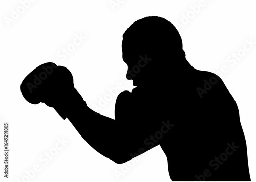 Silhouette of a boxer in a fighting stance with gloves raised ready to strike against a white background