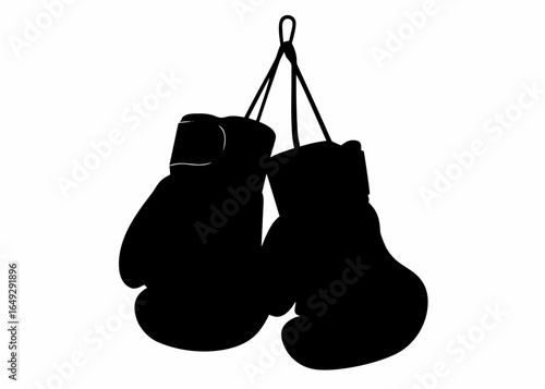 Silhouette of hanging black boxing gloves with laces against a white plain background art piece