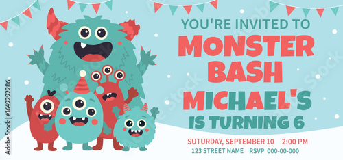 Vector invitation to a kids party Monster Bash with cute bright funny monsters, fireworks and confetti on a blue sky background. Horizontal format. Ideal for a birthday