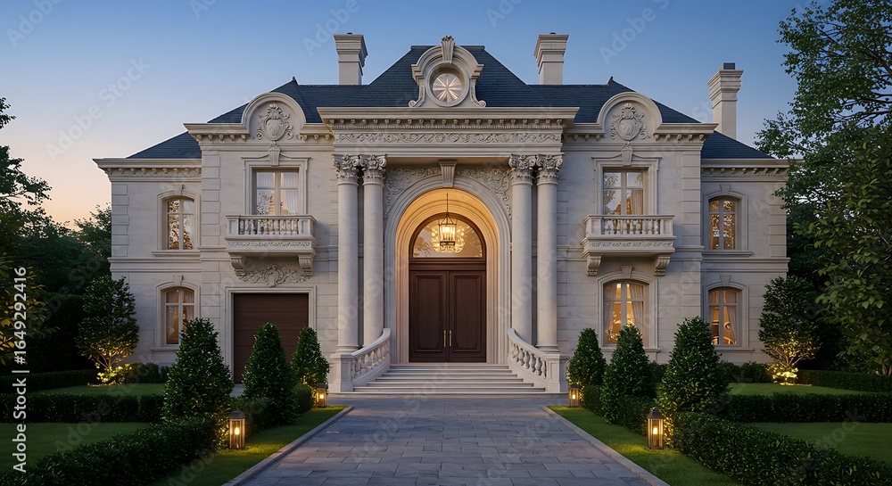 Contemporary France home exterior boasting opulent mansion with grand entrance and marble exteriors Contemporary France home exterior boasting opulent mansion with grand entrance and marble exteriors