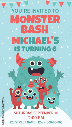 Vector invitation to a kids party Monster Bash with cute bright funny monsters, fireworks and confetti on a blue sky background. Vertical format. Ideal for a birthday