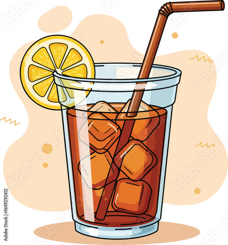 Iced lemon tea with straw and ice cubes vector illustration