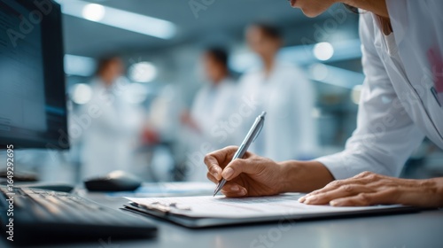 Medium shot of a professional annotating medical billing records on a desktop with indistinct lab team members in the background emphasizing workflow focus.