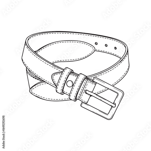 Black and white outline vector illustration of a coiled leather belt with buckle, isolated on white background, fashion accessory concept.