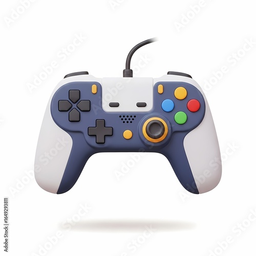 A white and blue video game controller with colorful buttons, a directional pad, and a cable, floating on a white background.