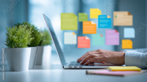 Person typing on a laptop with floating sticky notes and a potted plant nearby