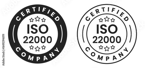 ISO 22000 certified food safety management system label stamp badge, seal emblem icon, quality, assurance, standard compliance, guarantee, approval mark vector illustration