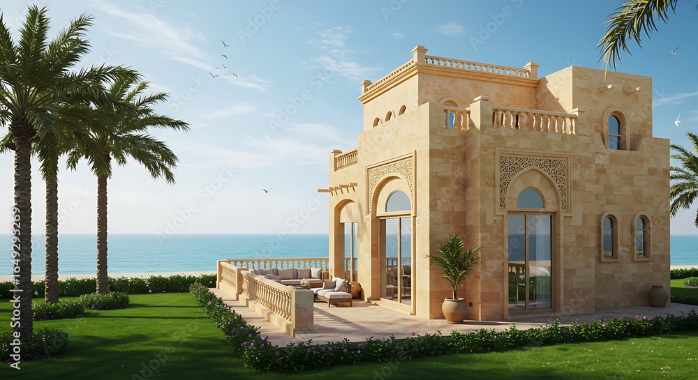 Obraz premium Charming inviting Dubai home exterior offering seaside retreat featuring panoramic oceanfront views