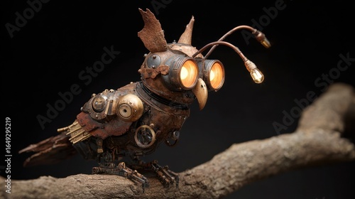 Steampunk owl sculpture sitting on a branch against a dark background