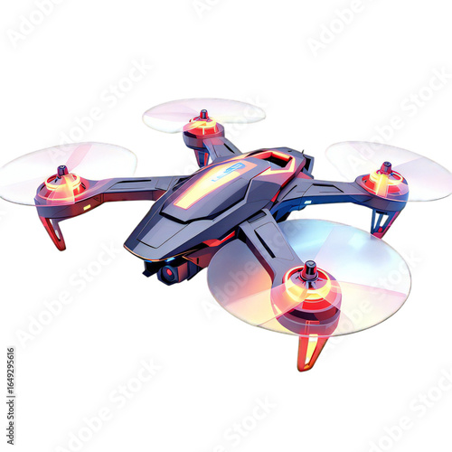 A futuristic black and orange drone with four rotors and led lights, isolated on a transparent background, representing advanced technology for aerial photography, videography, and recreation