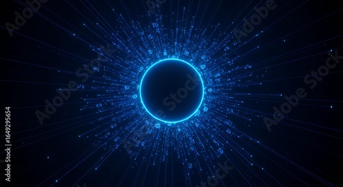 Glowing blue neon circle portal with radiating light beams and digital particle effects on dark background, cybersecurity technology abstract visualization concept