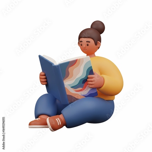 3D cartoon of a woman sitting and reading a book with colorful pages.