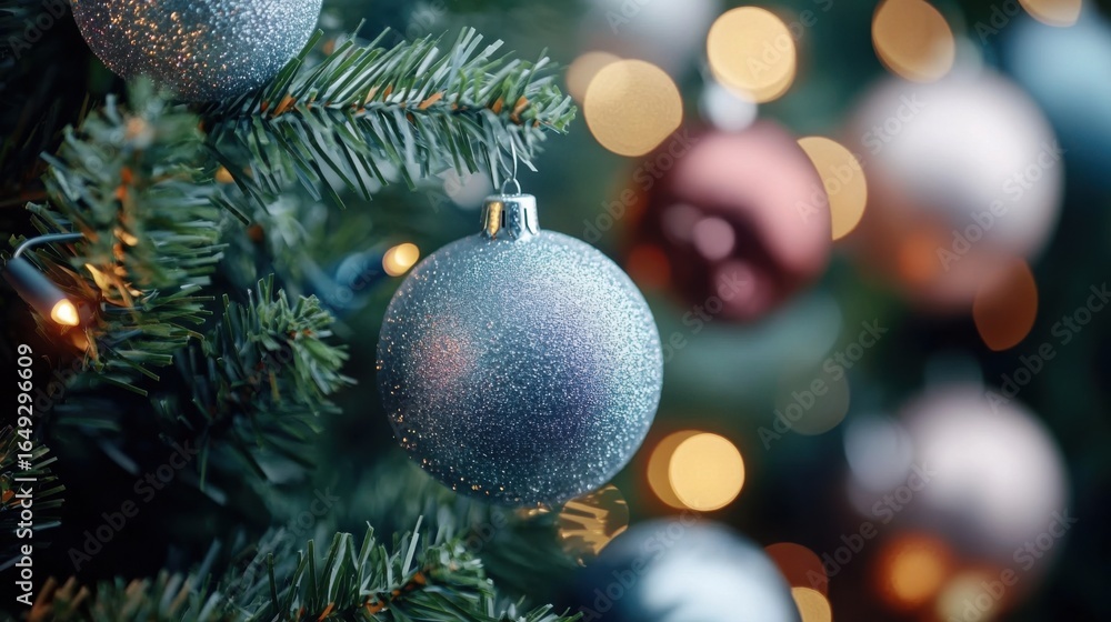 Balls on Christmas tree close-up. Christmas tree design decorations. New Year and Christmas celebration concept Balls on Christmas tree close-up. Christmas tree design decorations. New Year and Christmas celebration concept
