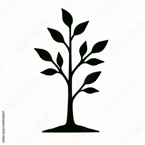 A vector illustration of a black and white tree with roots, leaves, and a green sprout symbolizing natural growth and ecology